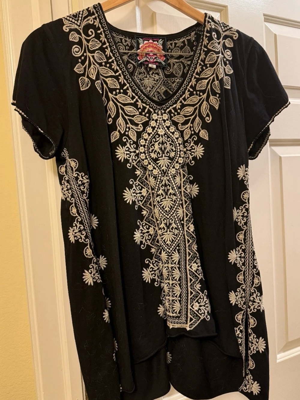 Johnny Was Black Tunic with Cream Floral Embroidery